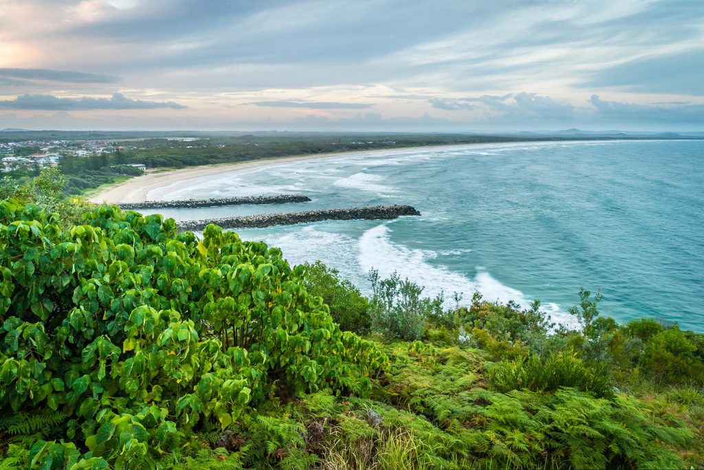 View of Evans Head looking from the headland down across the mouth of the evans river.